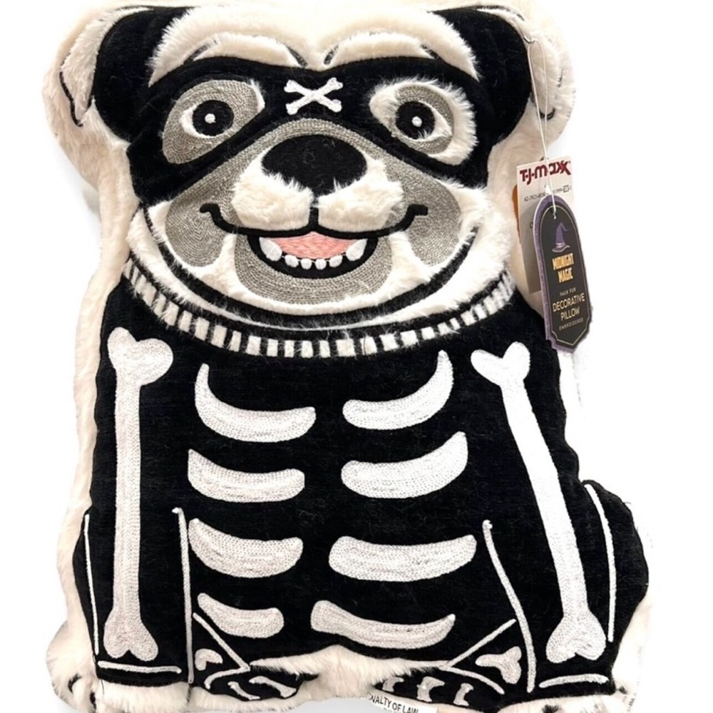 EMBROIDERED Faux Fur Pug 17in Throw Pillow ◈ Halloween Dog Skeleton